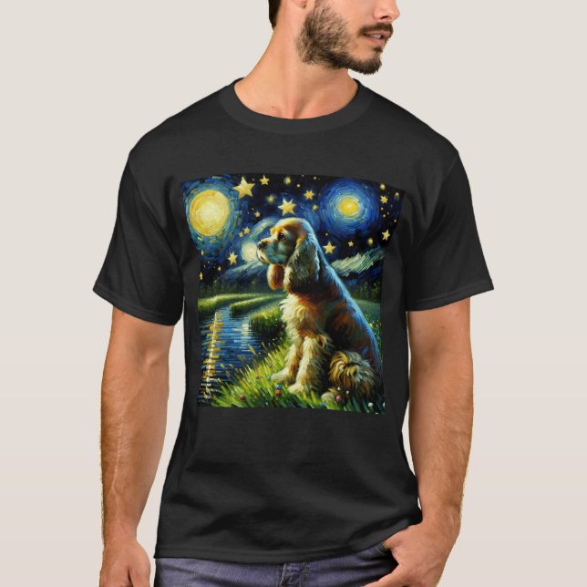 Starry Night Cocker Spain Hund Van Gogh Älskare T Shirt (Framsida)