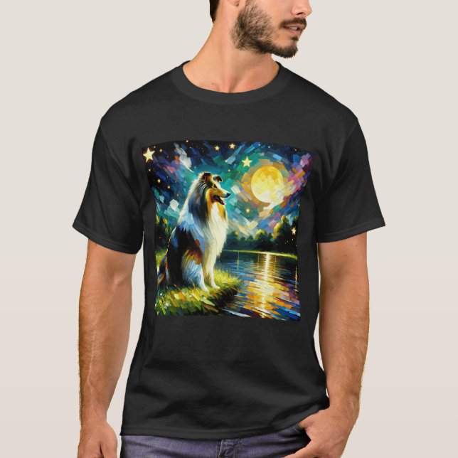 Starry Night Collie Hund Van Gogh Älskare T Shirt (Framsida)