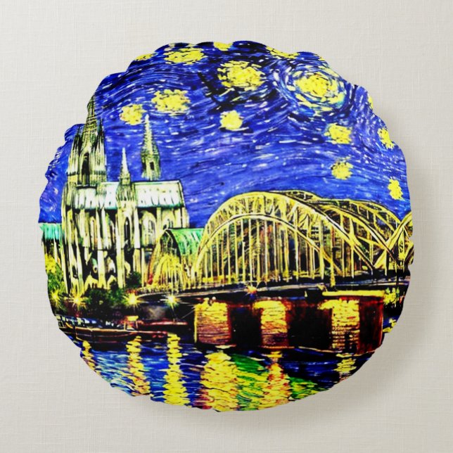 Starry Night Cologne Tyskland Cathedral Rund Kudde (Framsidan)
