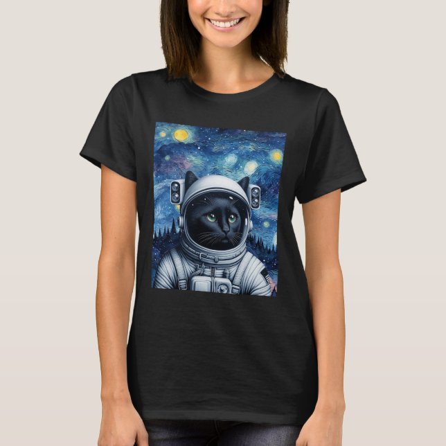 Starry Night Cosmic Cat Astronaut Art T Shirt (Framsida)