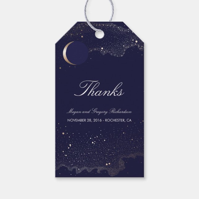 Starry Night Crescent Måne flottan och Guld Bröllo Presentetikett (Framsidan)