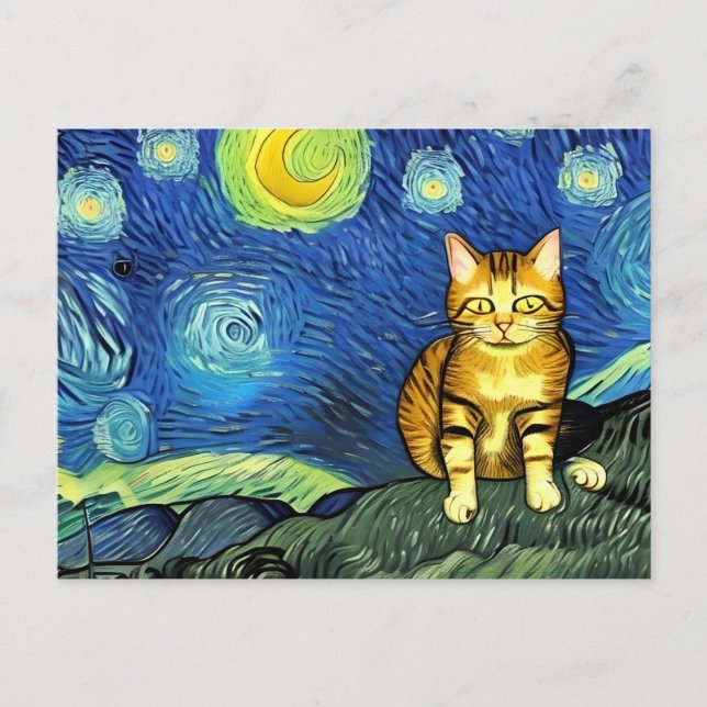 Starry Night Cute Vincent Van Gogh Cat Vykort (Framsida)