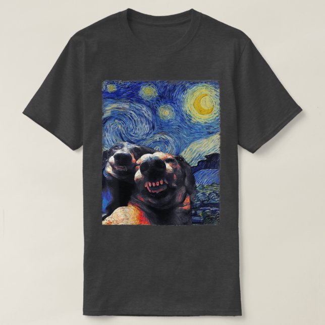 Starry Night Dachshunds Funny Dogs Van Gogh Painti T Shirt (Design framsida)