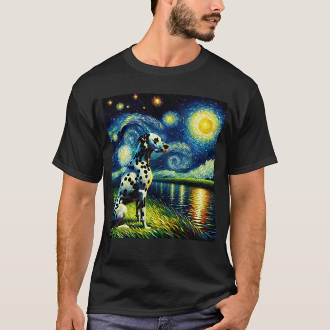 Starry Night Dalmatian Hund Van Gogh Älskare T Shirt (Framsida)