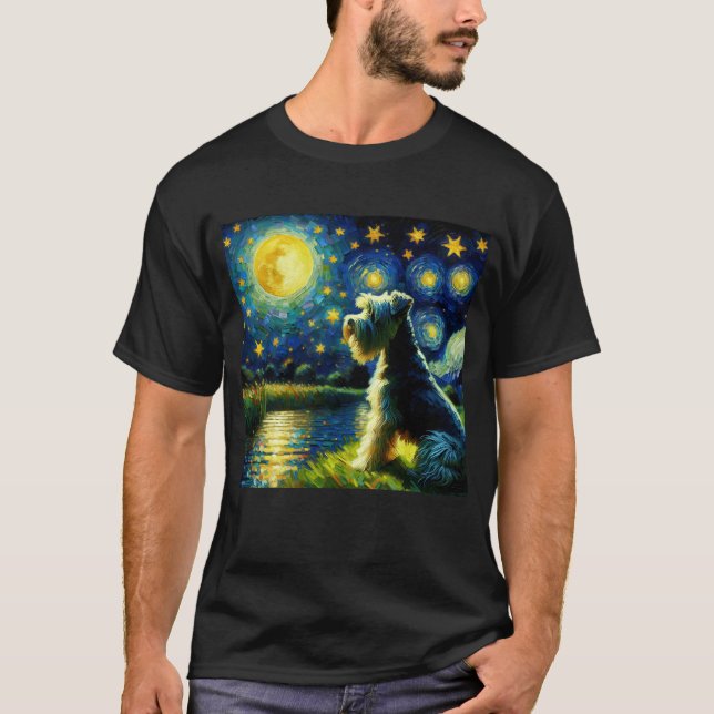 Starry Night Dandie Dinmont Terrier Hund Van Gogh T Shirt (Framsida)