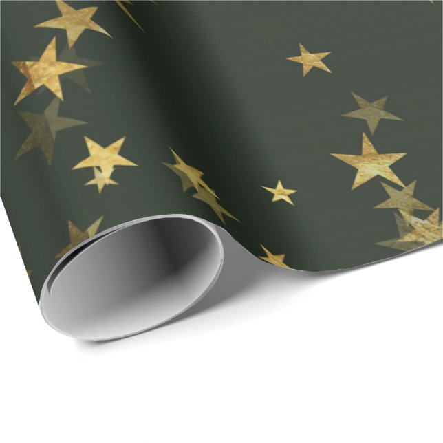 Starry Night Deep Grönt Forest Guld Confetti Presentpapper (Rullad Hörn)