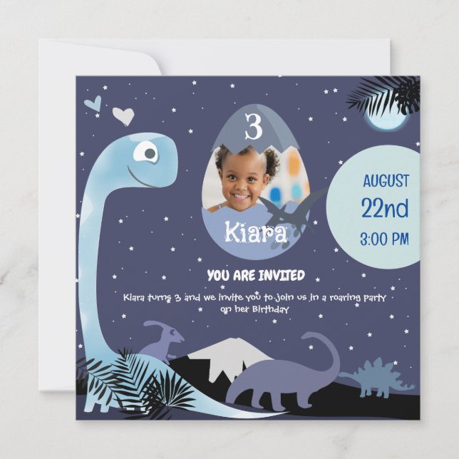 Starry Night Dinosaur-Thated 3rd Birthday bjudin Inbjudningar (Framsida)