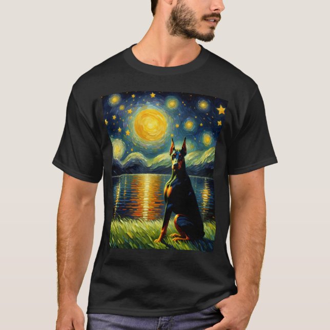 Starry Night Doberman Pinscher Hund Van Gogh Älska T Shirt (Framsida)