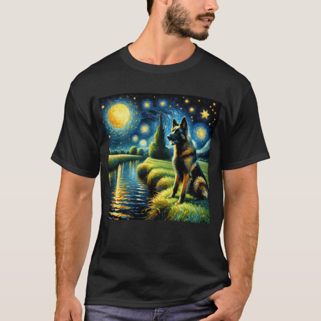 Starry Night Dutch Shepherd Hund Van Gogh Älskare T Shirt (Framsida)