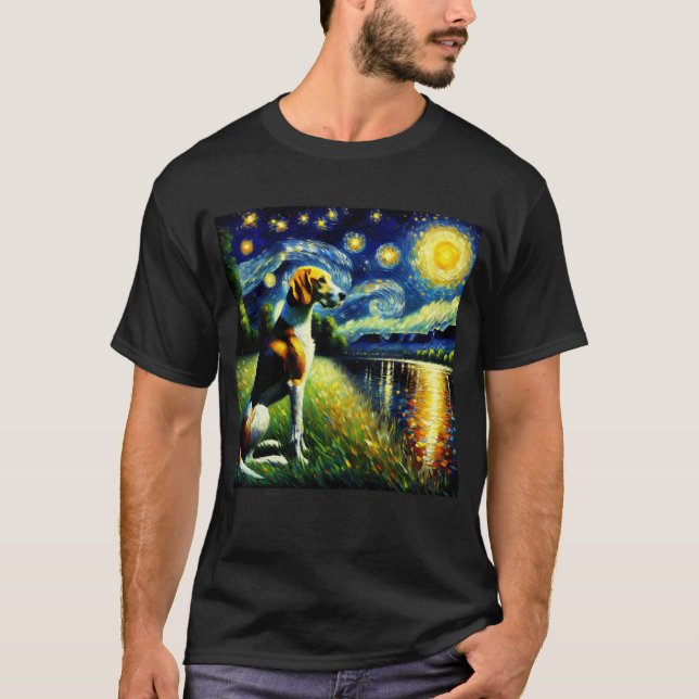 Starry Night English Foxhound Hund Van Gogh Älskar T Shirt (Framsida)