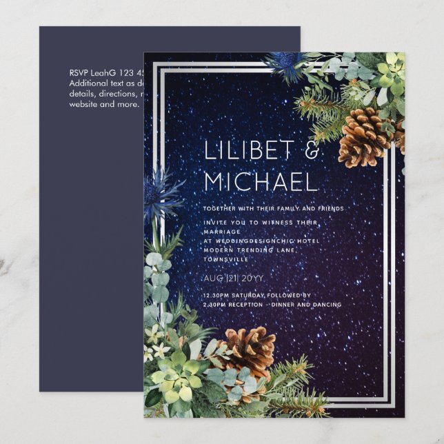Starry Night Eucalyptus Blue Thistle WinterWedding Inbjudningar (Fram/baksida)