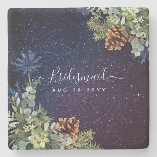 Starry Night Eucalyptus Blue Thistle WinterWedding Stenunderlägg (Framsidan)