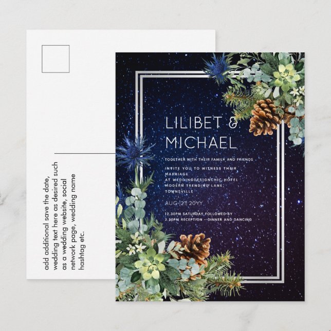 Starry Night Eucalyptus Blue Thistle WinterWedding Vykort (Fram/baksida)