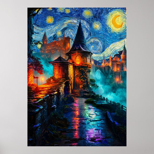 Starry Night Fantasy Castle Magical Oil Painting Poster (Framsidan)