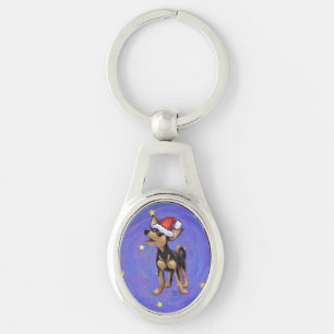 Starry Night Festive Chihuhua i Santa Hat Ovalt Silverfärgad Nyckelring