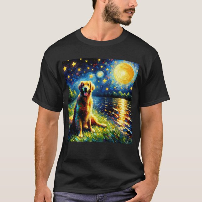 Starry Night Flat-Jackat Retriever Hund Van Gogh T Shirt (Framsida)