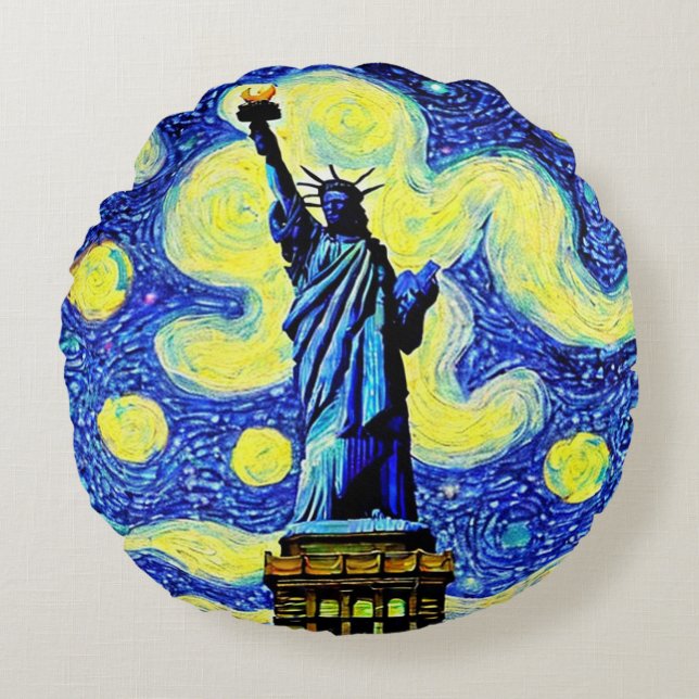 Starry Night Frihetsgudinnan New York Rund Kudde (Framsidan)