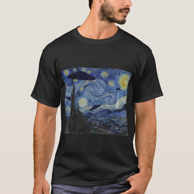 Starry Night Funny Van Gogh Painting UFO Alien Abd T Shirt (Framsida)