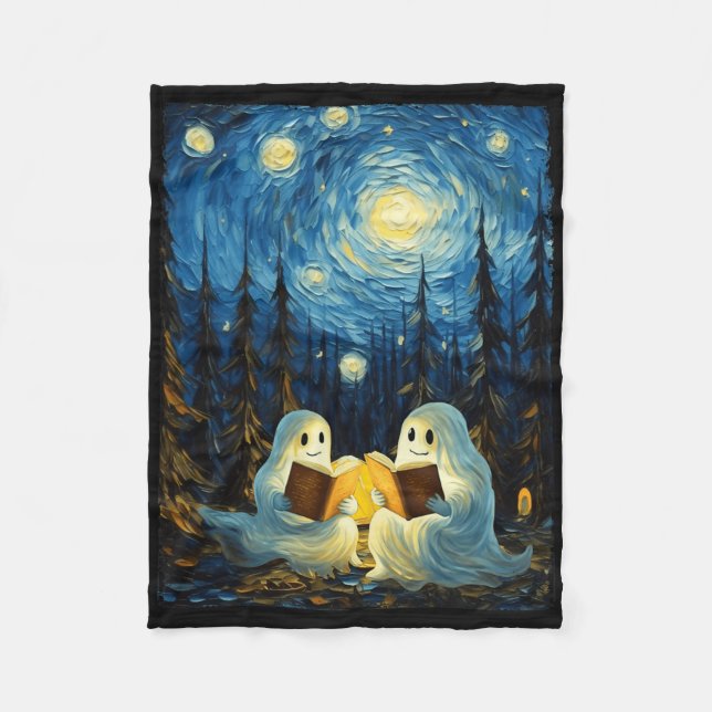 Starry Night Ghost Bok Reading Camping Halloween Fleecefilt (Framsidan)