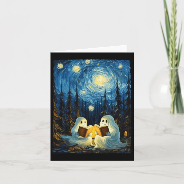 Starry Night Ghost Bok Reading Camping Halloween Kort (Framsida)