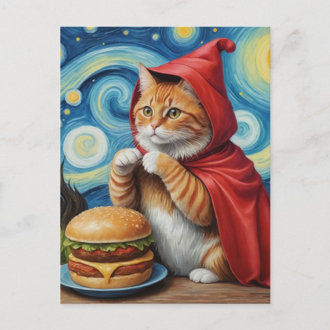 Starry Night Ginger Cat med Cheeseburger Vykort (Framsida)