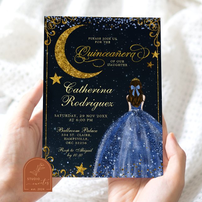 Starry Night Gold and Dark Blue Quinceanera Inbjudningar (Skapare uppladdad)