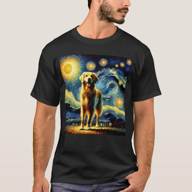 Starry Night Golden Retriever Van Gogh Älskare T Shirt (Framsida)