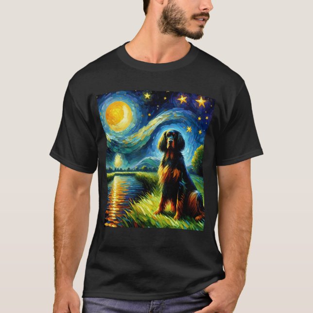 Starry Night Gordon Setter Hund Van Gogh Älskare T Shirt (Framsida)