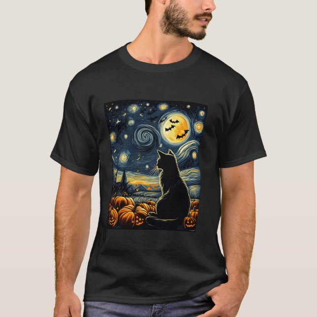 Starry Night Halloween Costume Black Pumpkins T Shirt (Framsida)