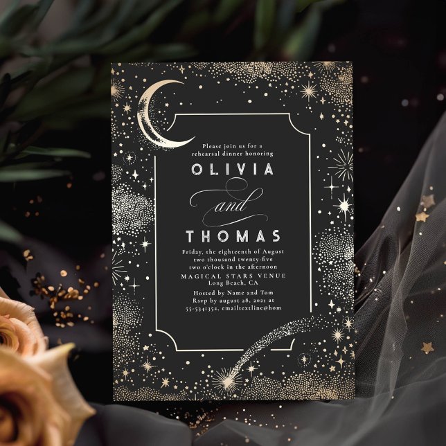 Starry Night Himlar Crescent Måne Rehearsal Dinner Inbjudningar (Celestial Rehearsal Dinner Invitations)