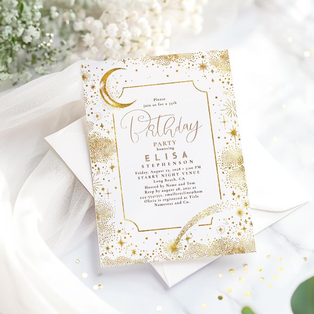 Starry Night Himlar Måne Mystical Celestial Birthd Inbjudningar (Night Sky Stars and Moon Birthday Invitations)