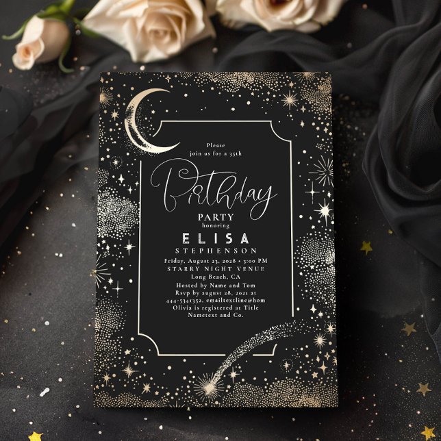 Starry Night Himlar Måne Mystical Celestial Birthd Inbjudningar (Celestial Night Sky Stars Moon Black Birthday Invitations)