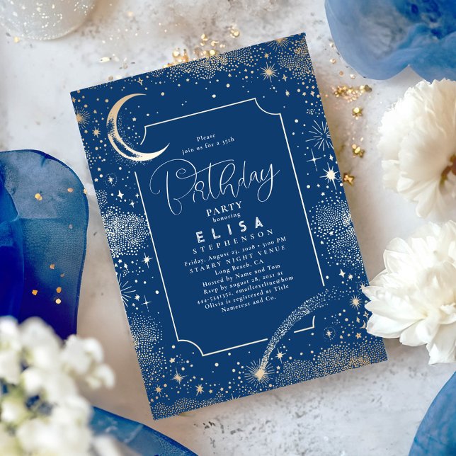 Starry Night Himlar Måne Mystical Celestial Birthd Inbjudningar (Celestial Navy Blue and Gold Birthday Invitations)