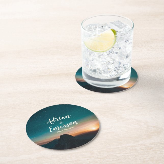 Starry Night Himlar Mountain & Sunset Bröllop Mode Underlägg Papper Rund (Insitu)