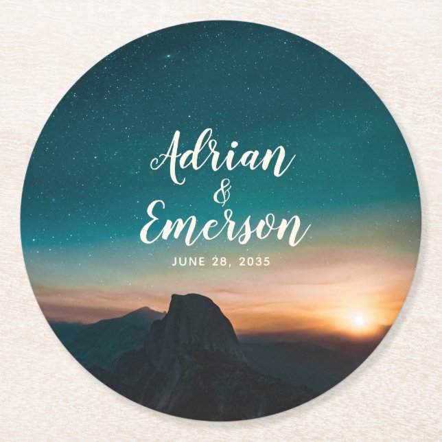 Starry Night Himlar Sunset Mountain Bröllop Modern Underlägg Papper Rund (Framsidan)