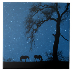 Starry Night Horses and Oak Träd Art Kakelplatta