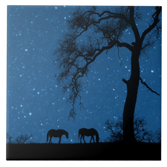Starry Night Horses and Oak Träd Art Kakelplatta (Framsidan)