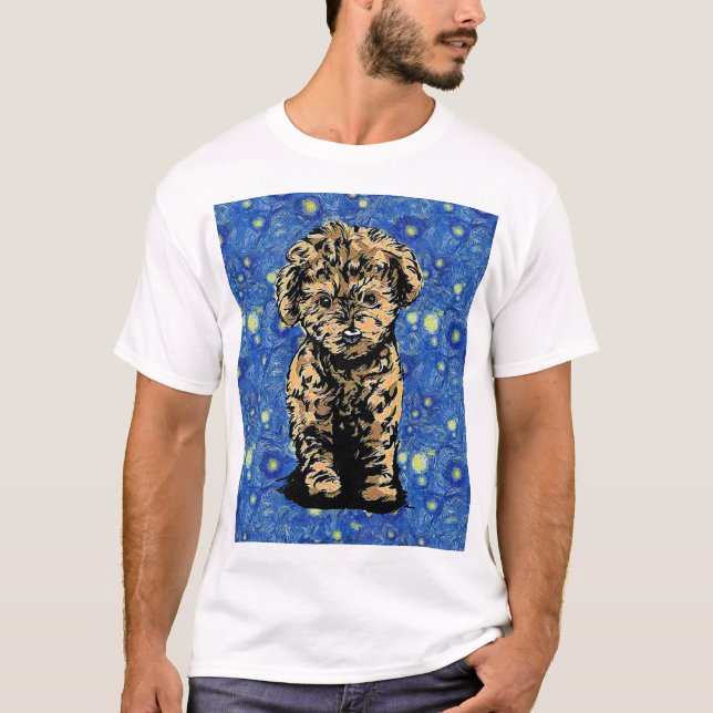 Starry Night Hund Puppy Pudel T Shirt (Framsida)