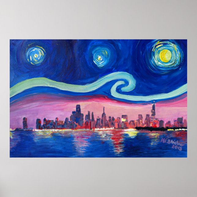 Starry Night i Chicago Illinois med Sjö Michiga Poster (Framsidan)