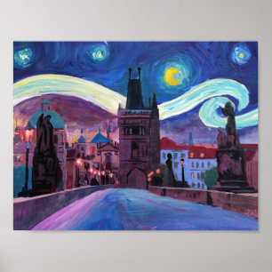 Starry Night i Prag på Charles Bridge Poster