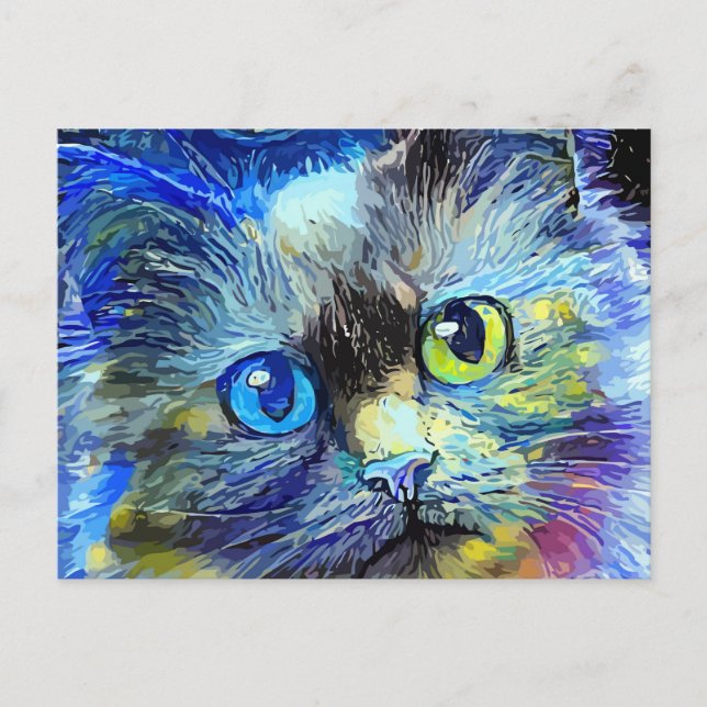 Starry Night Impressionist Tabby katt Porträtt Vykort (Framsida)