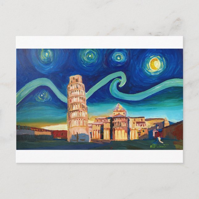 Starry Night in Pisa with Leaning Torn Vykort (Framsida)