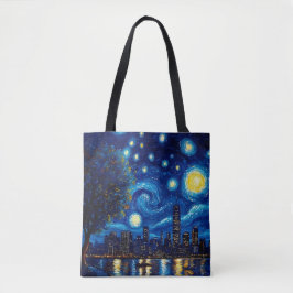 Starry Night Inspired Cityscape Tote Bag Tygkasse