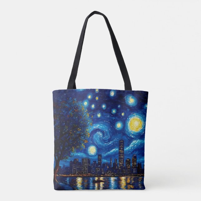 Starry Night Inspired Cityscape Tote Bag Tygkasse (Baksida)