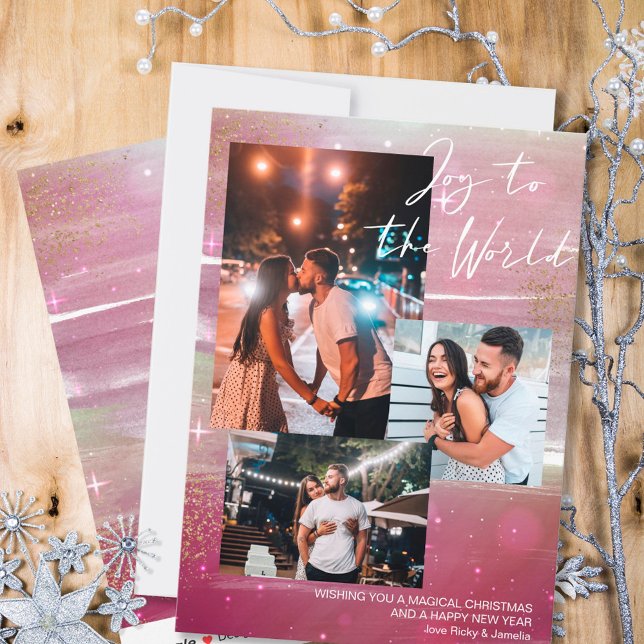 Starry Night Joy to World 3 Photo Collage Red Julkort (Skapare uppladdad)