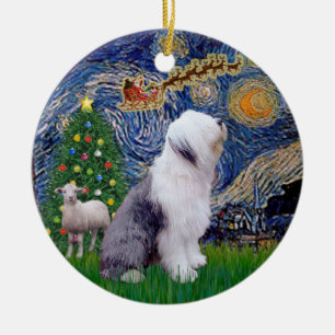Starry Night Julafton - Old English Sheepdog Julgransprydnad Keramik