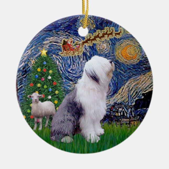 Starry Night Julafton - Old English Sheepdog Julgransprydnad Keramik (Framsidan)