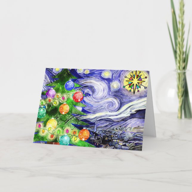 Starry Night Julgran Watercolor Kort (Framsida)