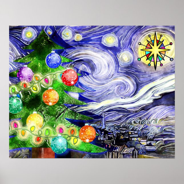 Starry Night Julgran Watercolor Poster (Framsidan)