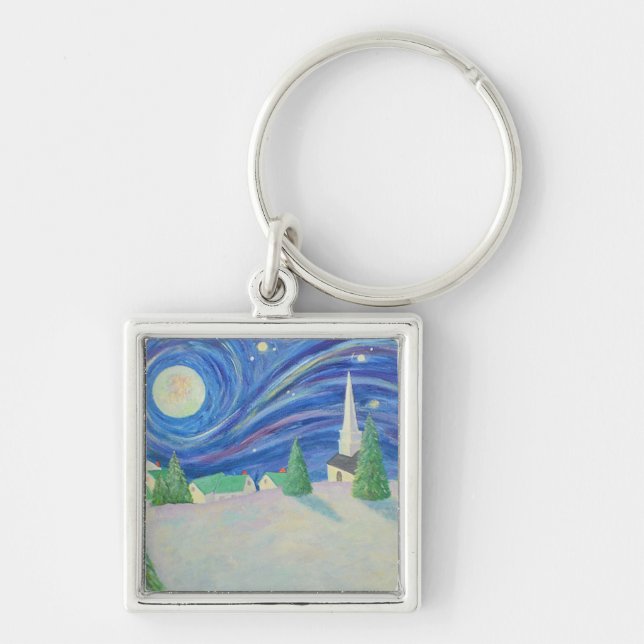 Starry Night Keychain Fyrkantig Silverfärgad Nyckelring (Framsidan)